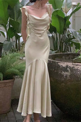 Ivory Spaghetti Straps Mermaid Satin Long Prom Dress with Ruffles
