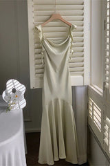 Ivory Spaghetti Straps Mermaid Satin Long Prom Dress with Ruffles