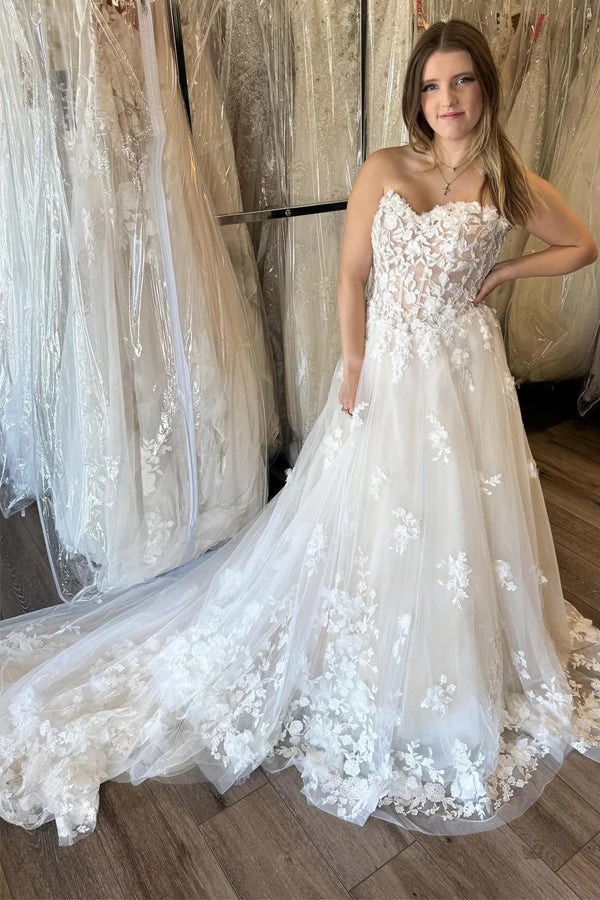 Ivory Strapless A-Line Wedding Dress with Floral Appliques TN403