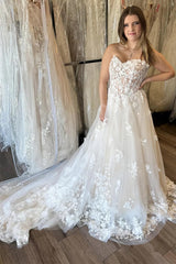 Ivory Strapless A-Line Wedding Dress with Floral Appliques TN403