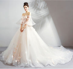 Ivory Tulle Ball Gown Sweetheart Flower Lace Long Evening Gown Party Dress, Ivory Quinceanera Dress
