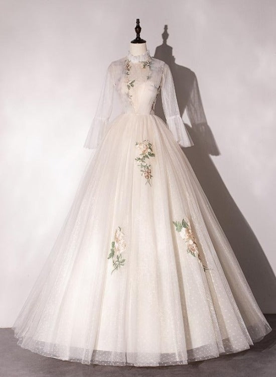 Ivory Tulle High Neckline Long Party Dress with Lace Applique, Ball Gown Sweet 16 Dresses