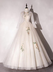 Ivory Tulle High Neckline Long Party Dress with Lace Applique, Ball Gown Sweet 16 Dresses