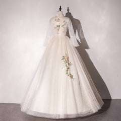 Ivory Tulle High Neckline Long Party Dress with Lace Applique, Ball Gown Sweet 16 Dresses