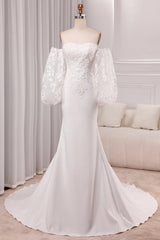 Ivory Mermaid Sweetheart V-Neck Court Train Bridal Dress With Appliqued Lace Off Shoulder