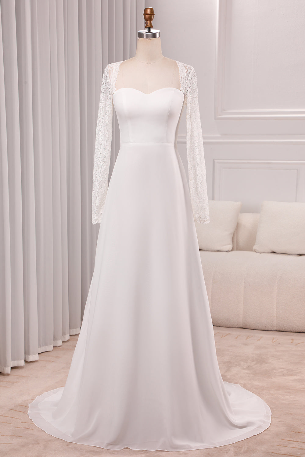 Ivory A-Line Square Neck Sweep Train Satin Bridal Dress with Long Sleeves Sexy