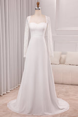 Ivory A-Line Square Neck Sweep Train Satin Bridal Dress with Long Sleeves Sexy