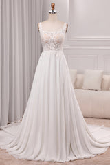 Ivory A Line Square Neck Corset Court Train Bridal Dress With Slit Long