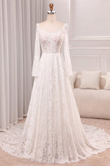 Ivory A Line Square Neck Corset Lace Chapel Train Bridal Dresses With Long Sleeves Beautiful