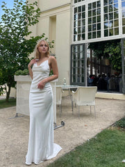 Wedding Dress With Cowl Neck And Train In Ivory Open Back Satin Slip Dress For Receptionss