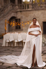 Ivory Off-Shoulder Satin Wedding Dress with Corset and High Slit