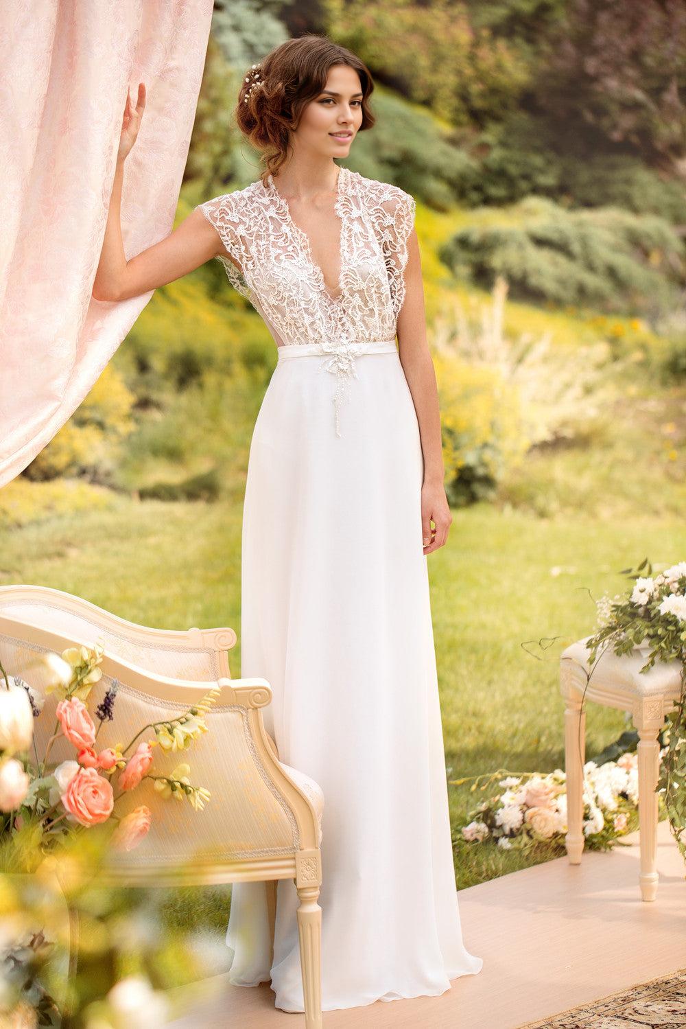 V-Neck Lace Bridal Gown Floor Length Boeknot Wedding Dress