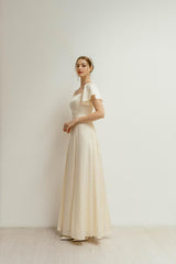 Floor Length Dress Flutter Short Sleeves Square neck Dress Simple Satin Wedding Dress