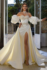 A-Line Sleeveless Strapless Satin Wedding Dresses With