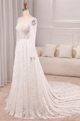 Ivory A Line Square Neck Corset Lace Chapel Train Bridal Dresses With Long Sleeves Beautiful