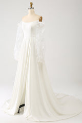 Ivory A Line Off The Shoulder Bridal Dress With 3D Butterflies Long Sleeves Sexy