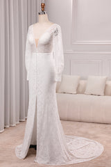 Ivory Sheath V-Neck Long Sleeves Backless Wedding Dress with Front Slit Sexy
