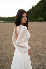 Ivory Lace Wedding Dress Long-sleeve Button Back Long Train Gown Open Back Lace & Chiffon