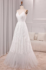 Ivory A Line Spaghetti Straps Long Bridal Dress With Appliqued Lace V-neck