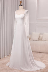 Ivory A-Line Square Neck Sweep Train Satin Bridal Dress with Long Sleeves Sexy