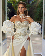 A-Line Sleeveless Strapless Satin Wedding Dresses With