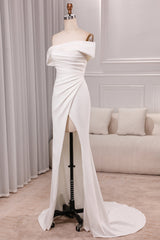 Ivory Mermaid Straight Neck Sweep Train Satin Bridal Dress with Slit Off Shoulder