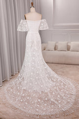 Ivory Mermaid Sweep Train Bridal Dress With Short Sleeves Off Shoulder