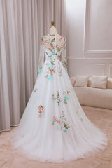 Ivory Flower A-Line Round Neck Tulle Wedding Dress with Long Sleeves Beautiful