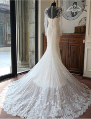 Long Sleeve Mermaid Tulle Bridal Gown New Arrival Court Train Wedding Dresses