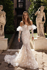 Embroidered long strapless chiffon mermaid wedding dress