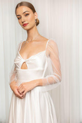 Ivory Silky Satin A-Line Wedding Gown with Sheer Long Sleeves