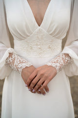 Ivory Lace Wedding Dress Long-sleeve Button Back Long Train Gown Open Back Lace & Chiffon
