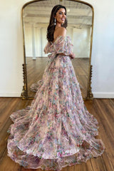 A Line Pink Green Flower Strapless Corset Tulle Long Prom Dress Off Shoulder
