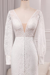 Ivory Sheath V-Neck Long Sleeves Backless Wedding Dress with Front Slit Sexy