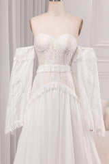 Ivory A Line Sweetheart Long Sleeves Chapel Train Wedding Dresses With Fringe Off Shoulder