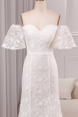 Ivory Mermaid Sweep Train Bridal Dress With Short Sleeves Off Shoulder