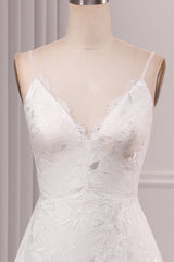 Ivory A Line Spaghetti Straps Lace Chapel Train Sparkly Bridal Dresses With Slit V-neck