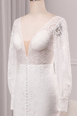 Ivory Sheath V-Neck Long Sleeves Backless Wedding Dress with Front Slit Sexy