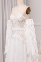 Ivory A Line Sweetheart Long Sleeves Chapel Train Wedding Dresses With Fringe Off Shoulder