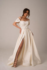 Ivory Satin Lace-up Corset Wedding Dress Simple Off Shoulder White Wedding Dress With A High Slit Modern A Line Bridal Dress