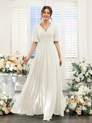 A-Line V Neck Sleeve Long Chiffon Formal Party Dresses for Wedding Guest Bridesmaid Dress