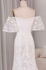 Ivory Mermaid Sweep Train Bridal Dress With Short Sleeves Off Shoulder