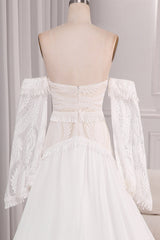 Ivory A Line Sweetheart Long Sleeves Chapel Train Wedding Dresses With Fringe Off Shoulder