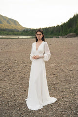 Ivory Lace Wedding Dress Long-sleeve Button Back Long Train Gown Open Back Lace & Chiffon