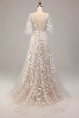 A Line V-Neck Short Sleeves Long Bridal Dress With Appliqued Lace Ivory Apricot