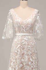 A Line V-Neck Short Sleeves Long Bridal Dress With Appliqued Lace Ivory Apricot