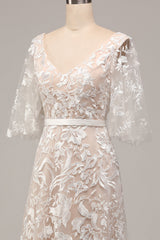 A Line V-Neck Short Sleeves Long Bridal Dress With Appliqued Lace Ivory Apricot