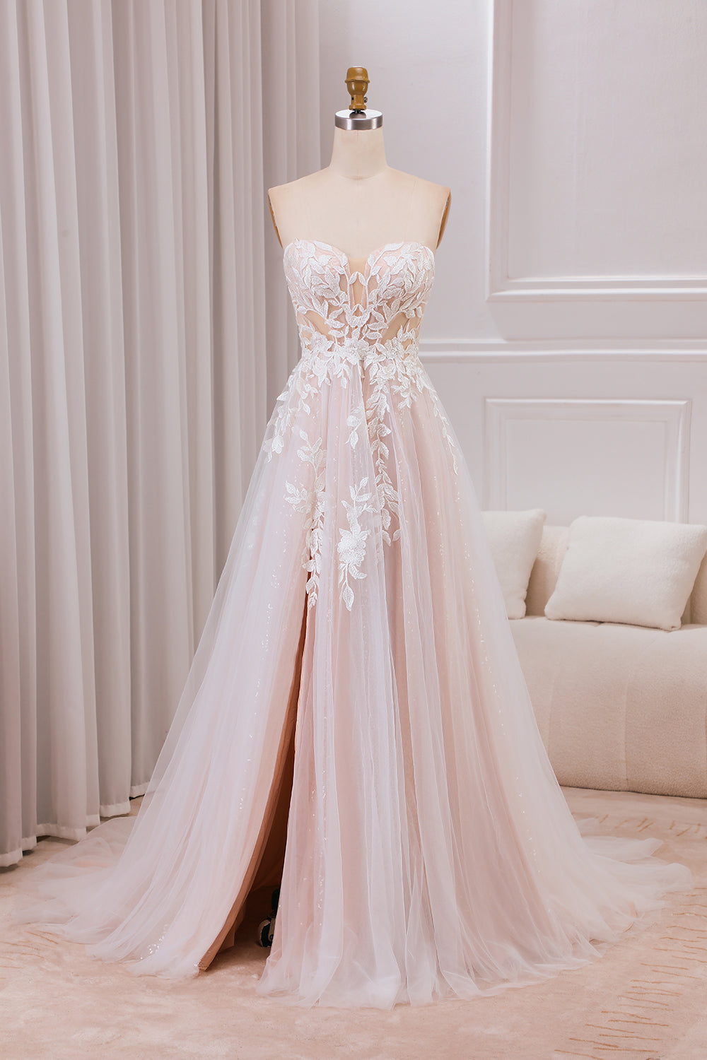 Detachable A Line Sweetheart Tulle Wedding Dress with Lace Off Shoulder