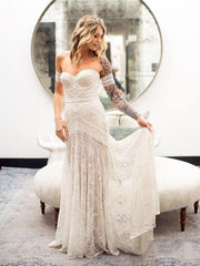 Ivory Lace Sheath Sweetheart Neck Boho Beach Wedding Dresses  TN124