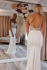 Ivory Mermaid V-Neck Straps Prom Dresses Evening Dresses WIth Beading  TP0983